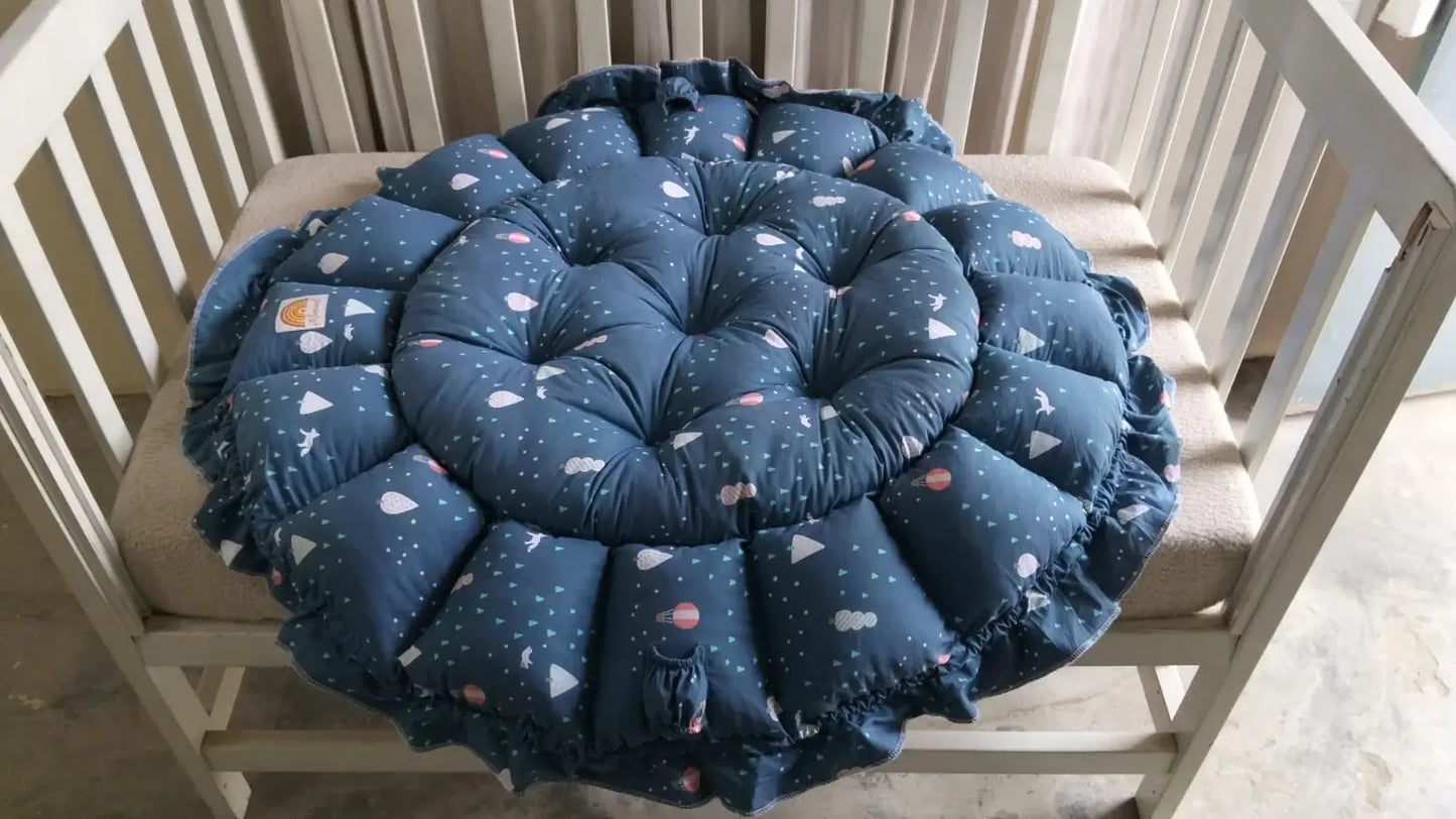 Printed Cotton Baby Round Cot with Pillow & Toy Hanging Rod – Teal