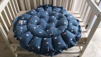 Printed Cotton Baby Round Cot with Pillow & Toy Hanging Rod – Teal