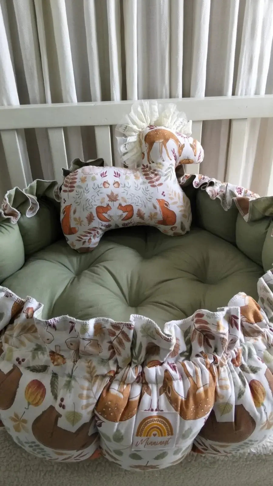 Printed Cotton Baby Round Cot with Pillow & Toy Hanging Rod – Green Deer