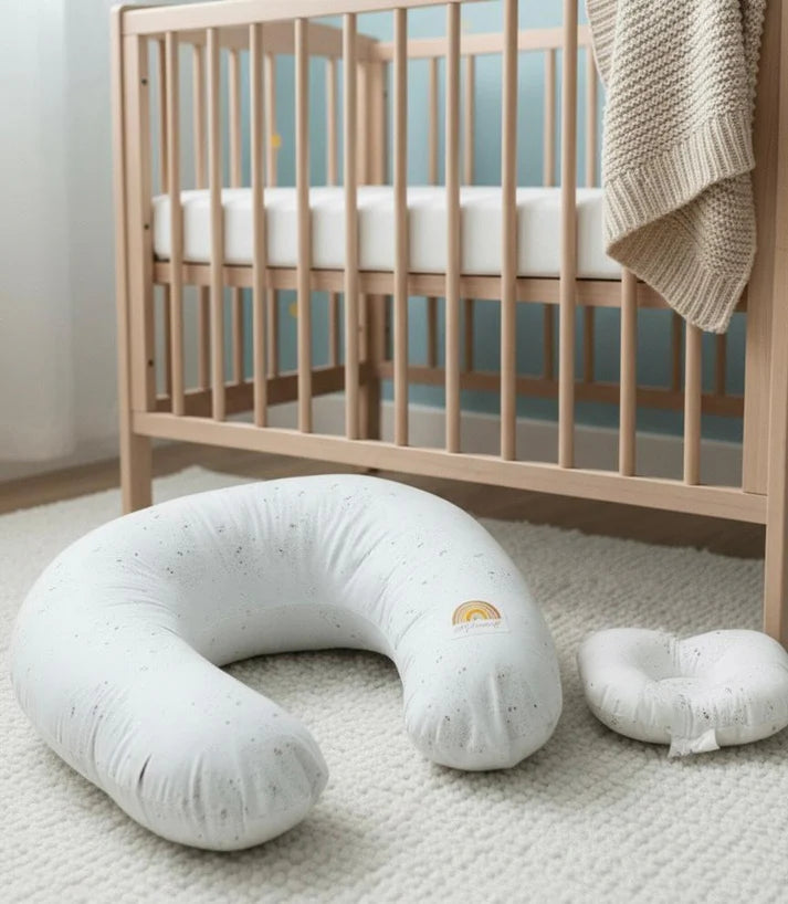 Printed Cotton Baby Nursing Pillow with Removable Cover & Head Pillow – White Dotted