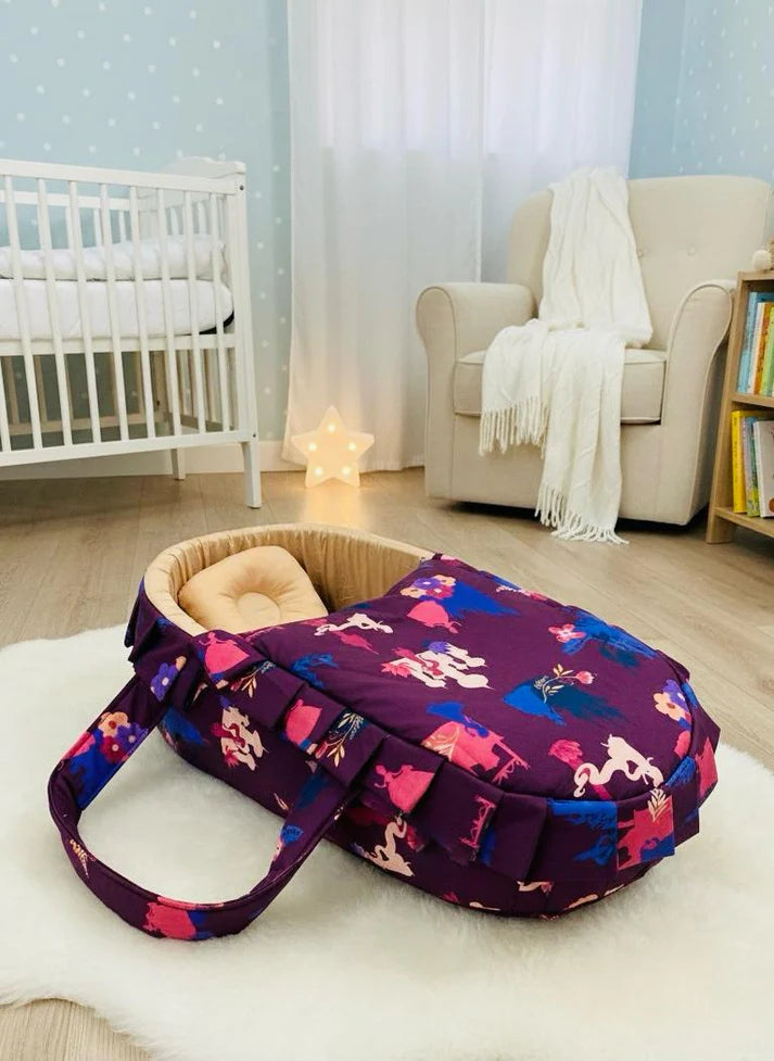 Printed Cotton Baby Basket with Head Pillow – Purple Castle