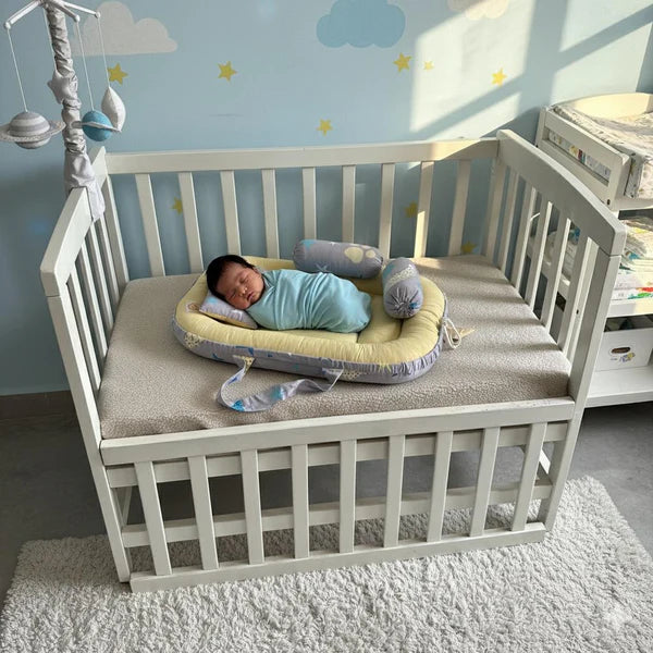 Printed Cotton Baby Nest Set – 4 Pcs | Yellow Moon & Star Design - Paidaish 