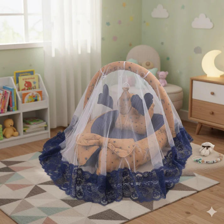 Printed Baby Snuggle Set with Pillow & Mosquito Net – Yellow Tiger | Newborn Baby Nest (0–6 Months)