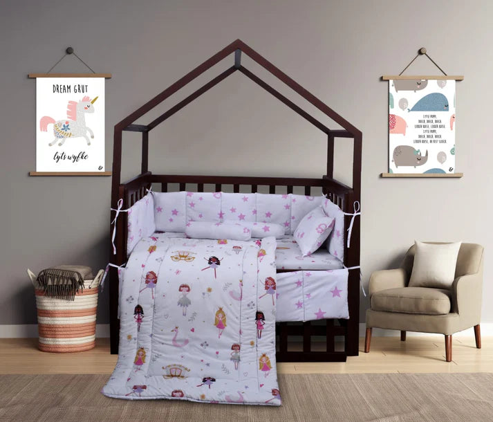 Printed Cotton Baby Cot Set for Girls – 9 Pcs