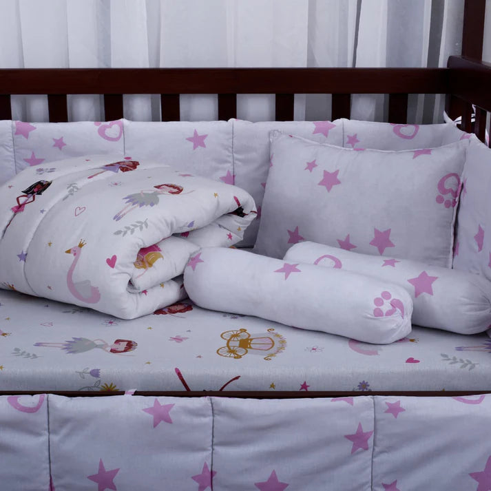 Printed Cotton Baby Cot Set for Girls – 9 Pcs