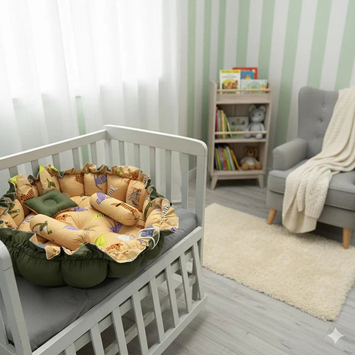Printed Cotton Baby Round Cot with Soft Pillows & Toy Hanging Rod Yellow – Green - Paidaish 