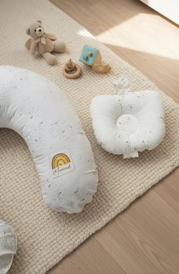 Printed Cotton Baby Nursing Pillow with Removable Cover & Head Pillow – White Dotted