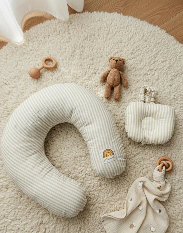 Printed Cotton Baby Nursing Pillow with Removable Cover & Head Pillow – Beige Stripes