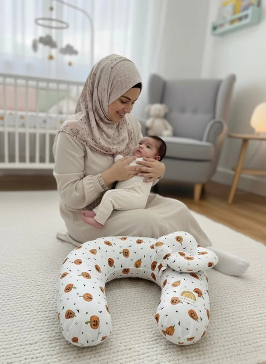 Printed Cotton Baby Nursing Pillow with Removable Cover & Head Pillow – White Pumpkin