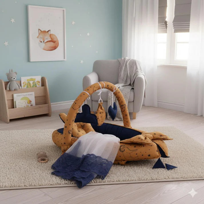 Printed Baby Snuggle Set with Pillow & Mosquito Net – Yellow Tiger | Newborn Baby Nest (0–6 Months)