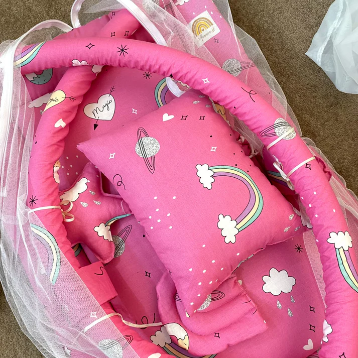 Baby Snuggle Mosquito Net with Pillow & Toy Hangings – Pink Rainbow - Paidaish 