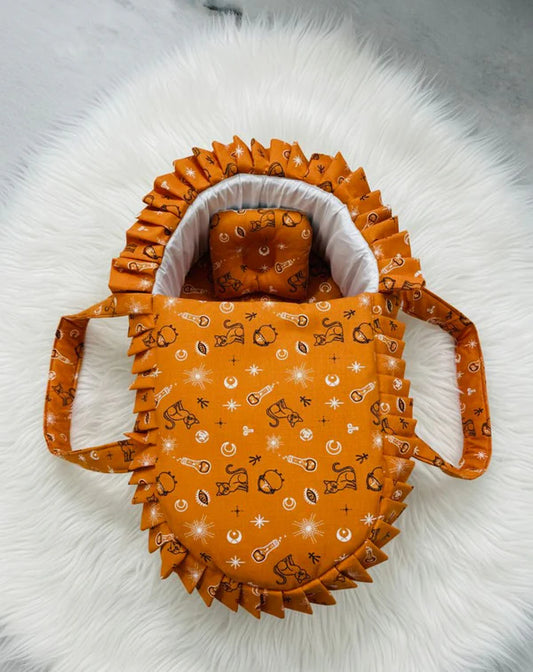 Printed Cotton Baby Basket with Head Pillow – Orange Magic | Newborn Baby Nest (0–6 Months)
