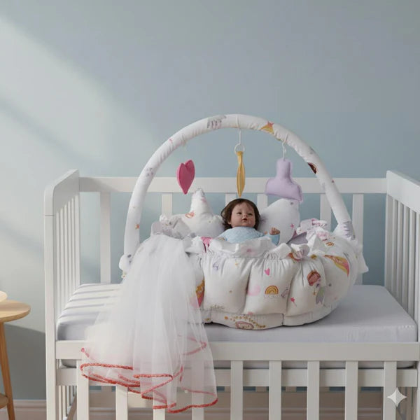 Printed Cotton Baby Round Cot with Pillows & Mosquito Net – White - Paidaish 