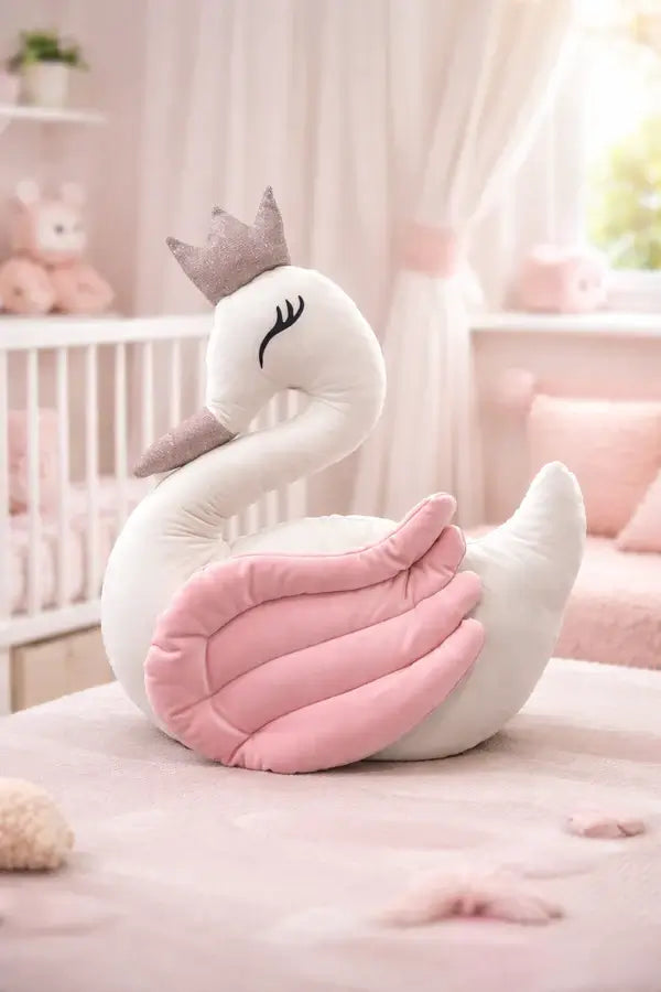Premium Velvet Baby Swan Cushion – Pink Wing