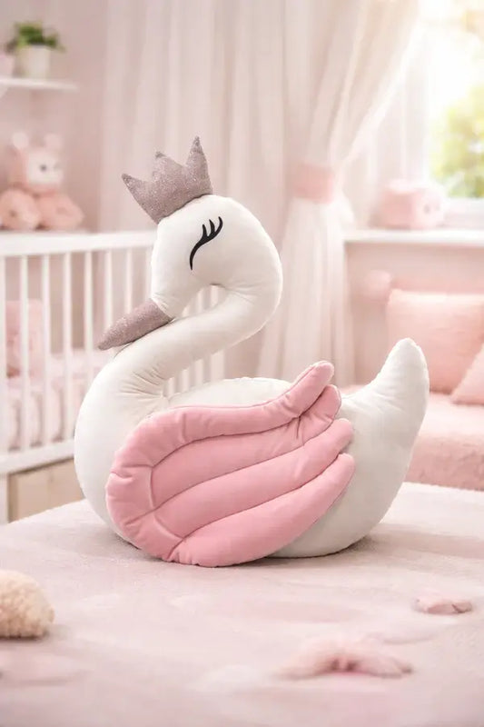 Premium Velvet Baby Swan Cushion – Pink Wing
