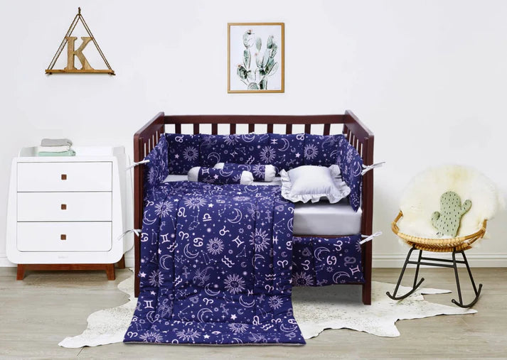 Sunshine Printed Baby Cot Set – 9 Pcs – Blue & Gray