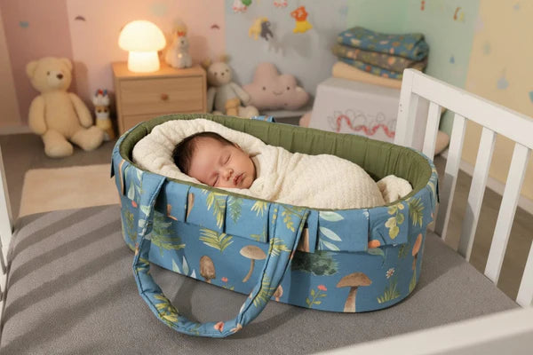 Printed Cotton Baby Basket with Head Pillow – Olive Deer | Newborn Baby Nest (0–6 Months)