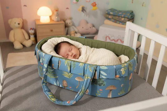 Printed Cotton Baby Basket with Head Pillow – Olive Deer | Newborn Baby Nest (0–6 Months)