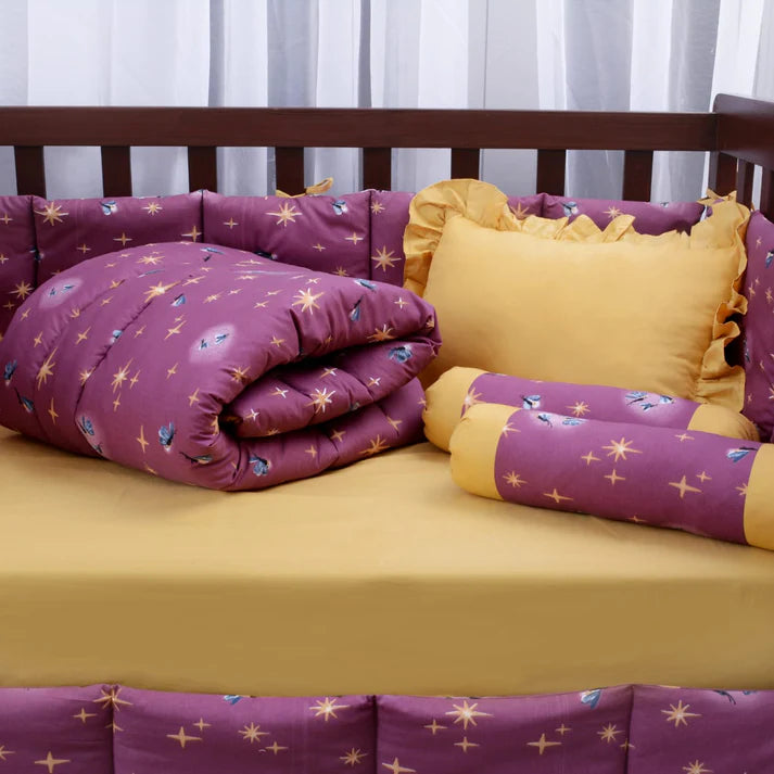Printed Baby Cot Set – 9 Pcs – Golden Fireflies