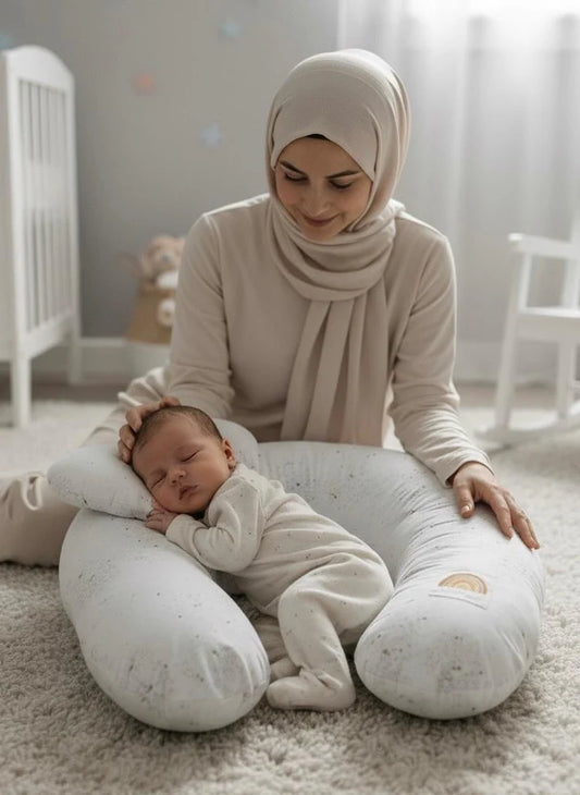 Printed Cotton Baby Nursing Pillow with Removable Cover & Head Pillow – White Dotted