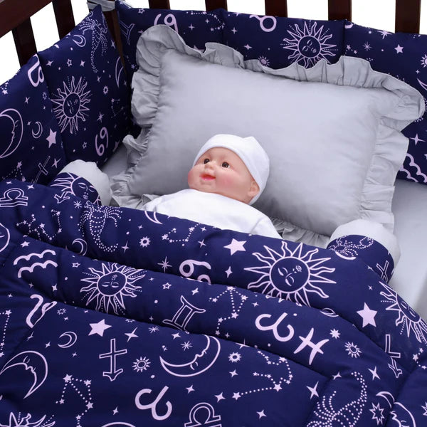 Sunshine Printed Baby Cot Set – 9 Pcs – Blue & Gray