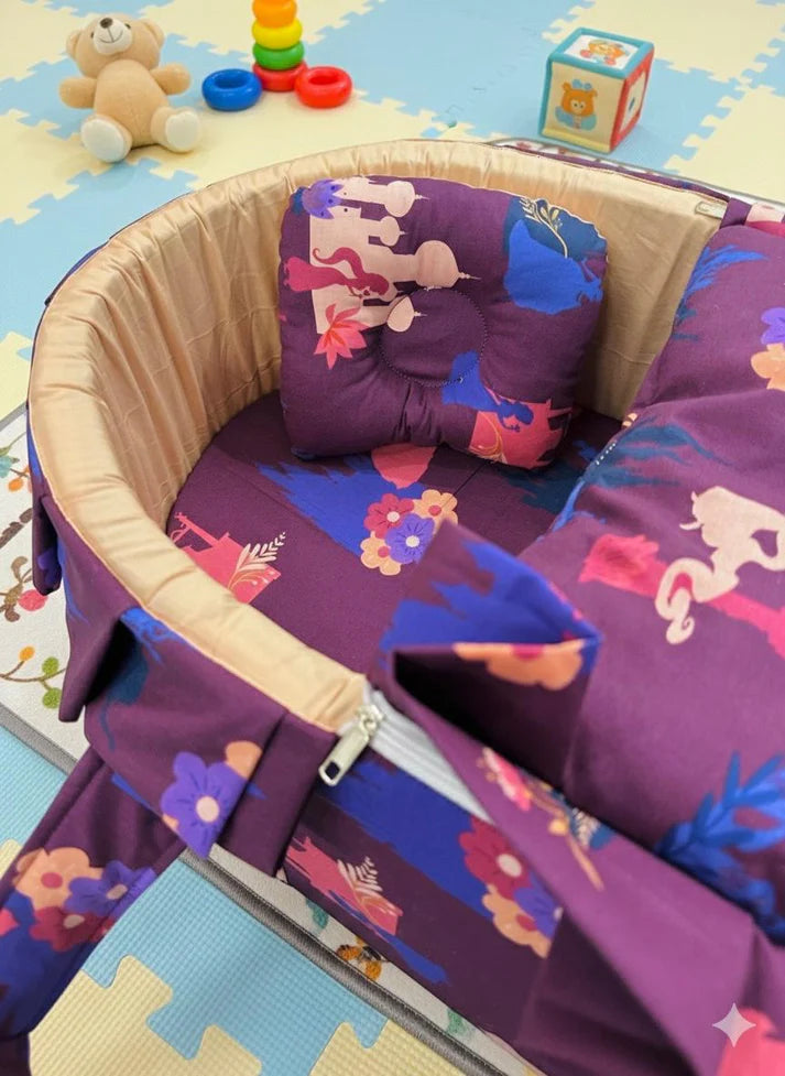 Printed Cotton Baby Basket with Head Pillow – Purple Castle
