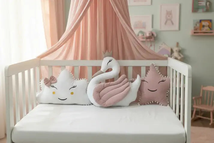 Premium Velvet Baby Cushion Set for Baby Girl – Pack of 3 | Swan, Cloud & Star Cushions