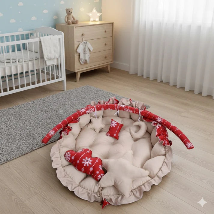 Printed Cotton Baby Round Cot with Pillows – Red Flowers - Paidaish 