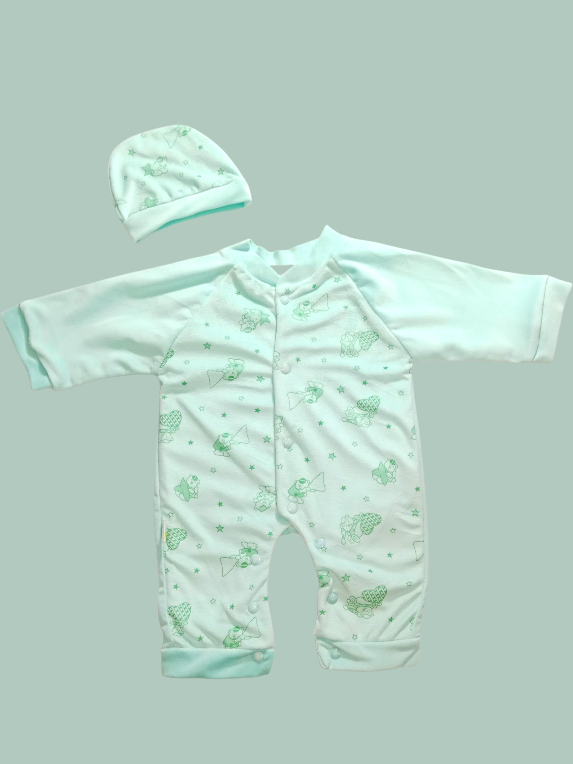Premium Velvet Baby Romper with Cap (0–3 Months)- Floral Green