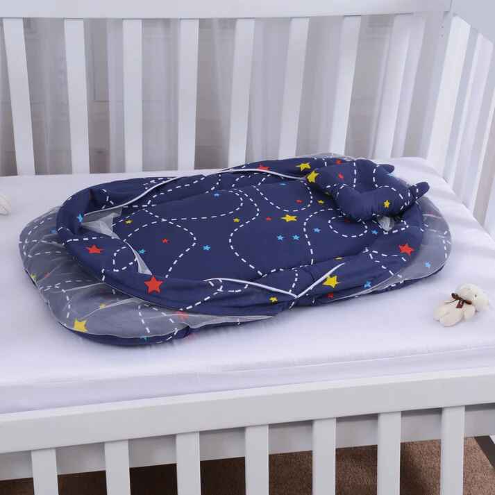 Printed Baby Mosquito Net with Pillow – Blue Star | Soft Cotton Newborn Set - Paidaish 