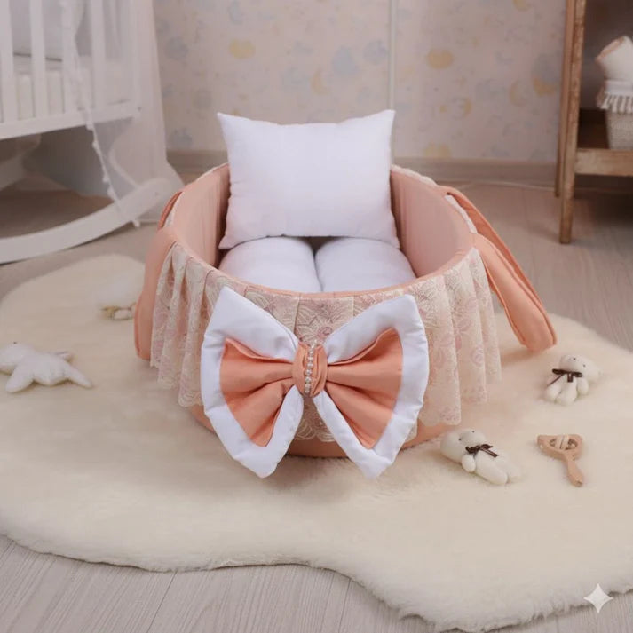 Luxury Cotton Baby Basket – Peach | Newborn Baby Nest (0–3 Months)