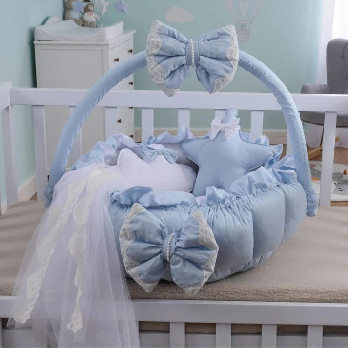 Luxury Baby Round Snuggle Bed with Pillows & Mosquito Net – Sky Blue & White
