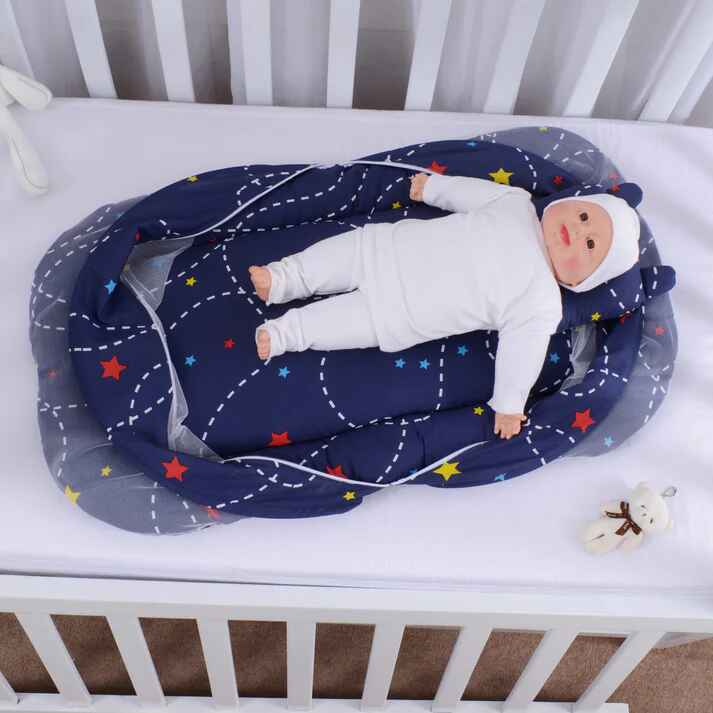Printed Baby Mosquito Net with Pillow – Blue Star | Soft Cotton Newborn Set - Paidaish 