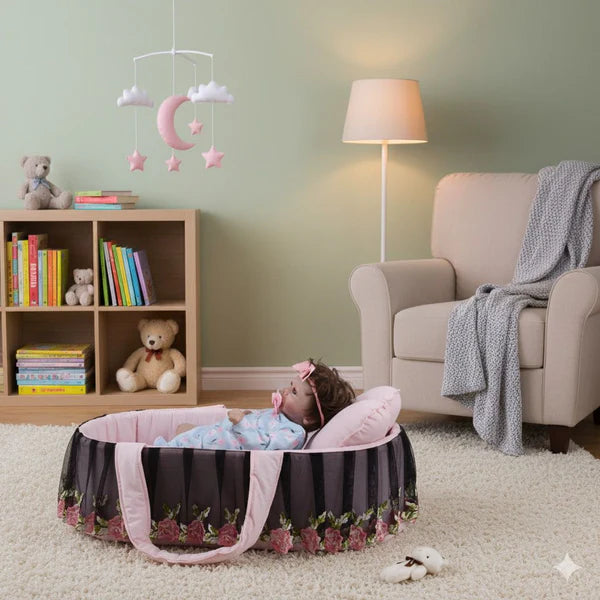 Luxury Cotton Baby Basket – Pink Floral | Newborn Baby Nest (0–6 Months)