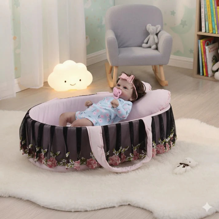 Luxury Cotton Baby Basket – Pink Floral | Newborn Baby Nest (0–6 Months)