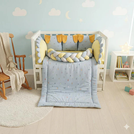 Printed Cotton Baby Cot Set – 8 Pcs – Gray Transport