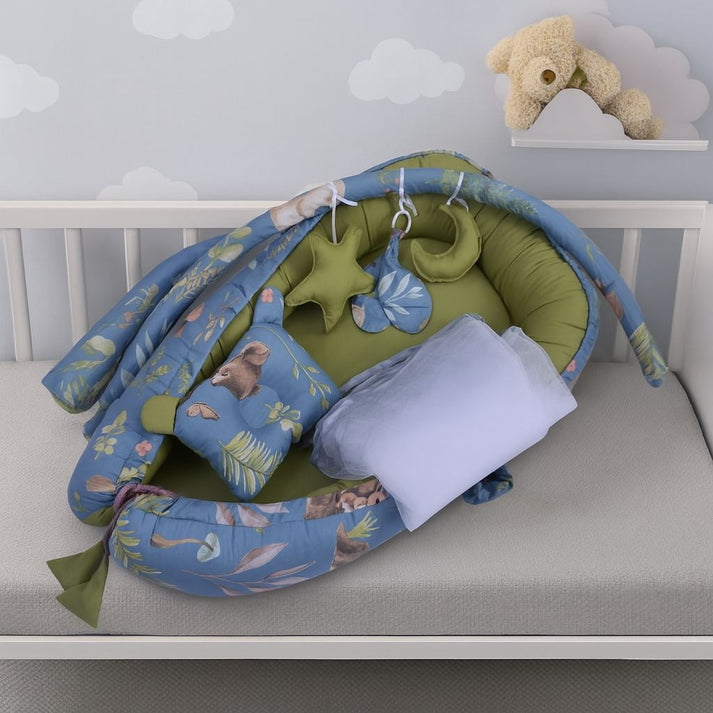 Printed Cotton Baby Snuggle Set with Mosquito Net – Olive Deer | Soft Newborn Nest