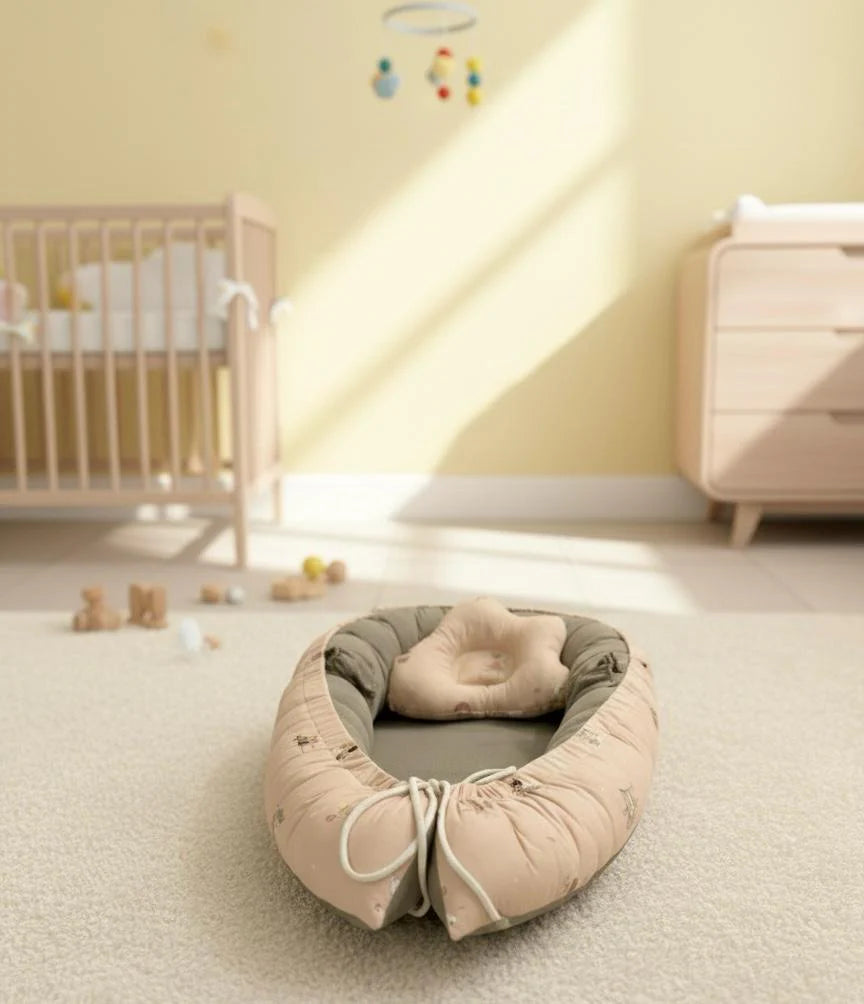 Cotton / Waffle Baby Snuggle Bed with Pillow – Beige | Newborn Baby Nest (0–6 Months)