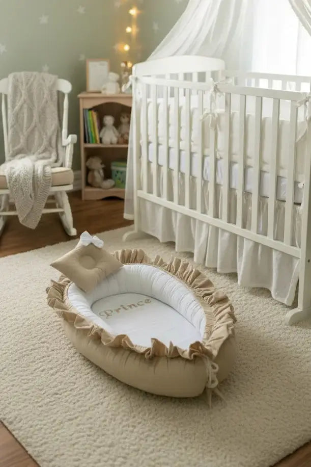 Frilly Cotton Baby Nest with Head Pillow – Biege Prince