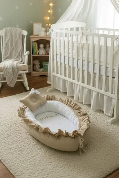 Frilly Cotton Baby Nest with Head Pillow – Biege Prince