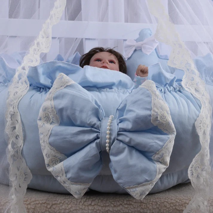 Luxury Baby Round Snuggle Bed with Pillows & Mosquito Net – Sky Blue & White
