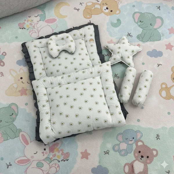 Printed Cotton Baby Bed Set – 6 Pcs | Floral Gray - Paidaish 