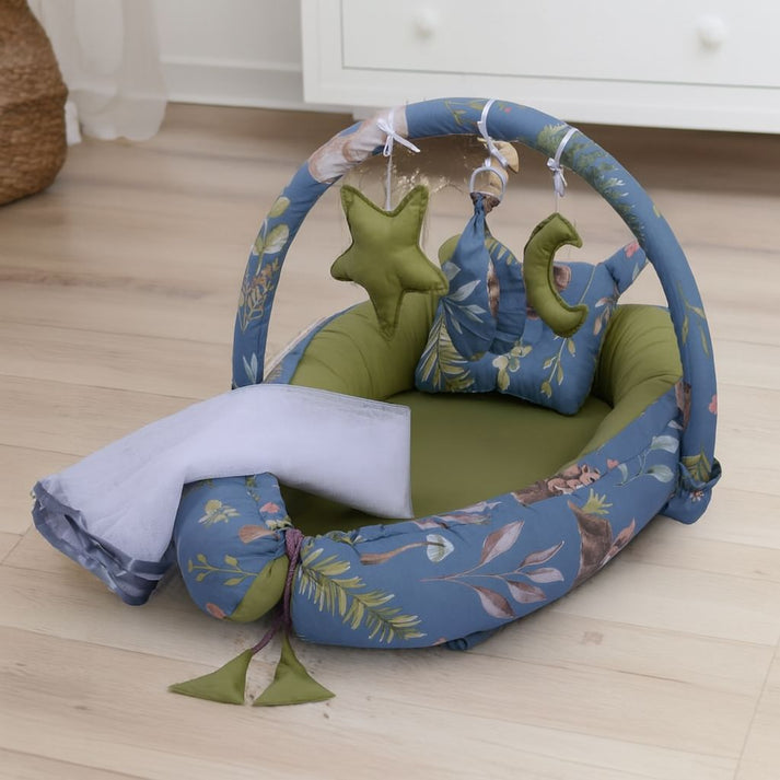 Printed Cotton Baby Snuggle Set with Mosquito Net – Olive Deer | Soft Newborn Nest