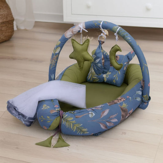 Printed Cotton Baby Snuggle Set with Mosquito Net – Olive Deer | Soft Newborn Nest