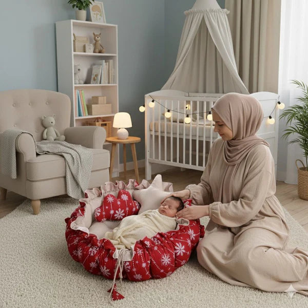Printed Cotton Baby Round Cot with Pillows – Red Flowers - Paidaish 
