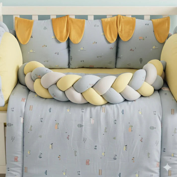 Printed Cotton Baby Cot Set – 8 Pcs – Gray Transport