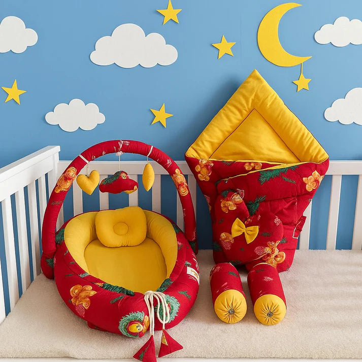 Printed Cotton Baby Snuggle Bed Set- Red Oriented - Paidaish 