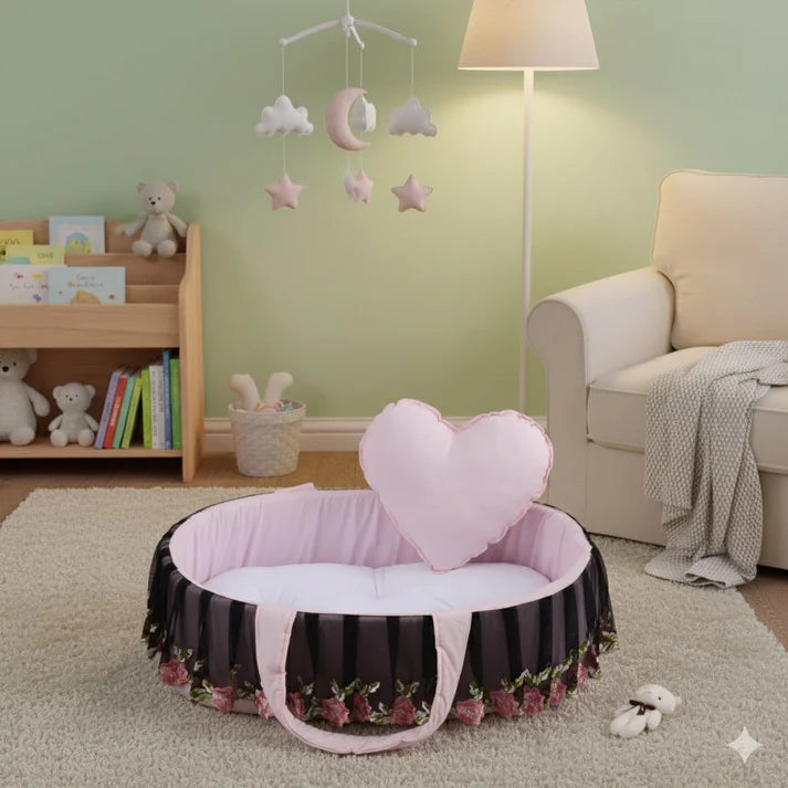 Luxury Cotton Baby Basket – Pink Floral | Newborn Baby Nest (0–6 Months)