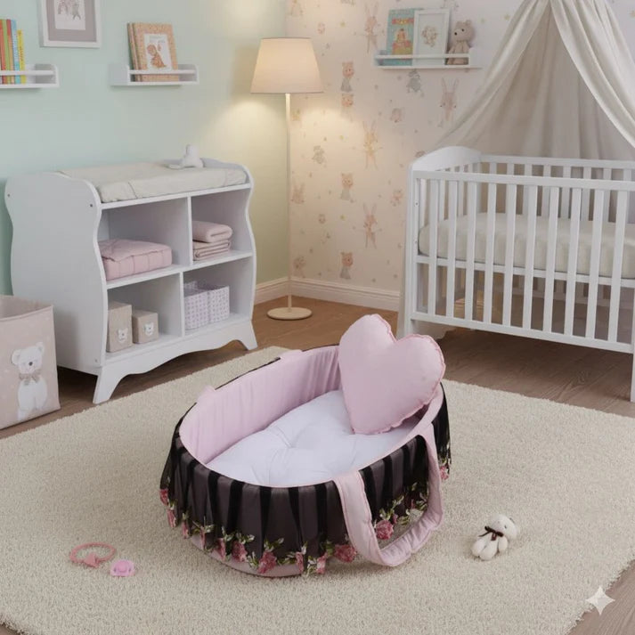 Luxury Cotton Baby Basket – Pink Floral | Newborn Baby Nest (0–6 Months)