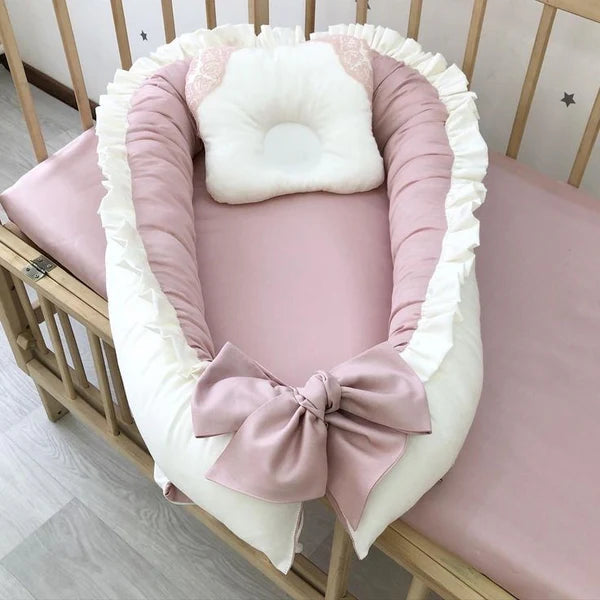 Cotton Satin Baby Snuggle Bed With Head Pillow- Sea pink & White